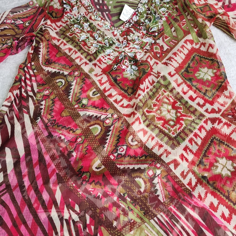 Multi-Color Beaded Viscose Semi-Sheer Peasant Blouse Size S/M Paisley Sequin - Picture 7 of 11